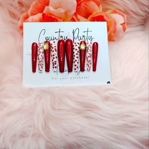 Custom press on nails extra long red and white hearts and gems size medium
